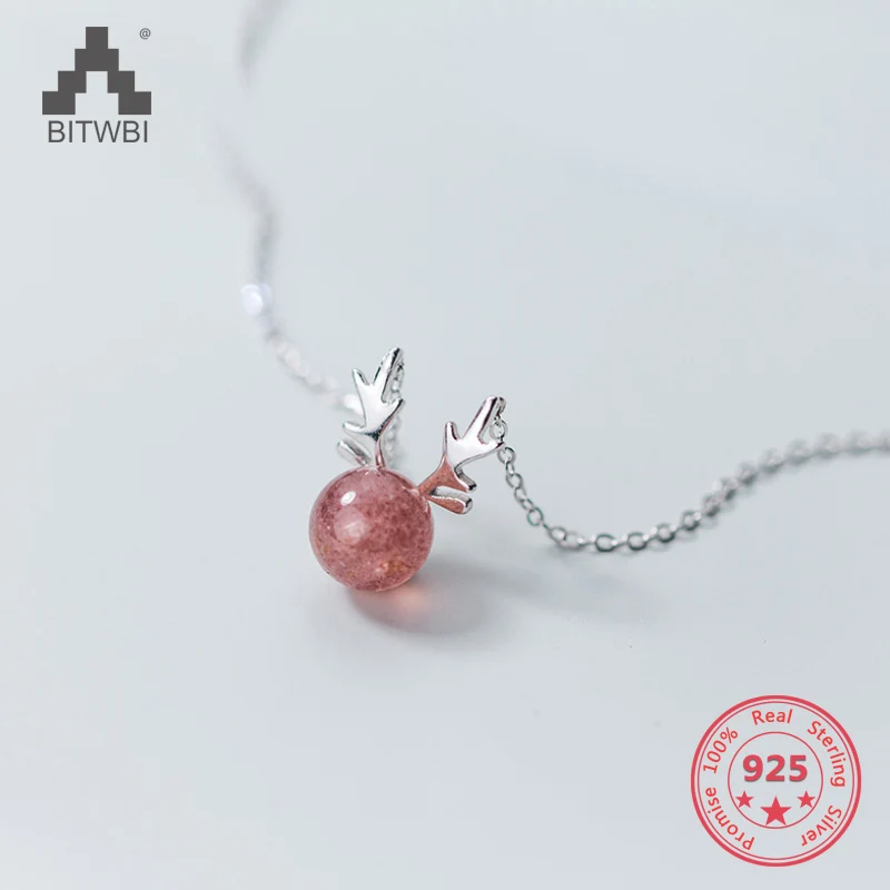 

Japan Korea Style 925 Sterling Silver Fashion Cute Sweet Strawberry Quartz Elk Antlers Pendants Necklace Women Jewelry