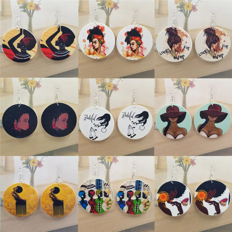 

Bohemia Wood Head portrait 1Pair Vintage Personality Printing Fashion African Beauty's Head Women Handmad Drop Earring