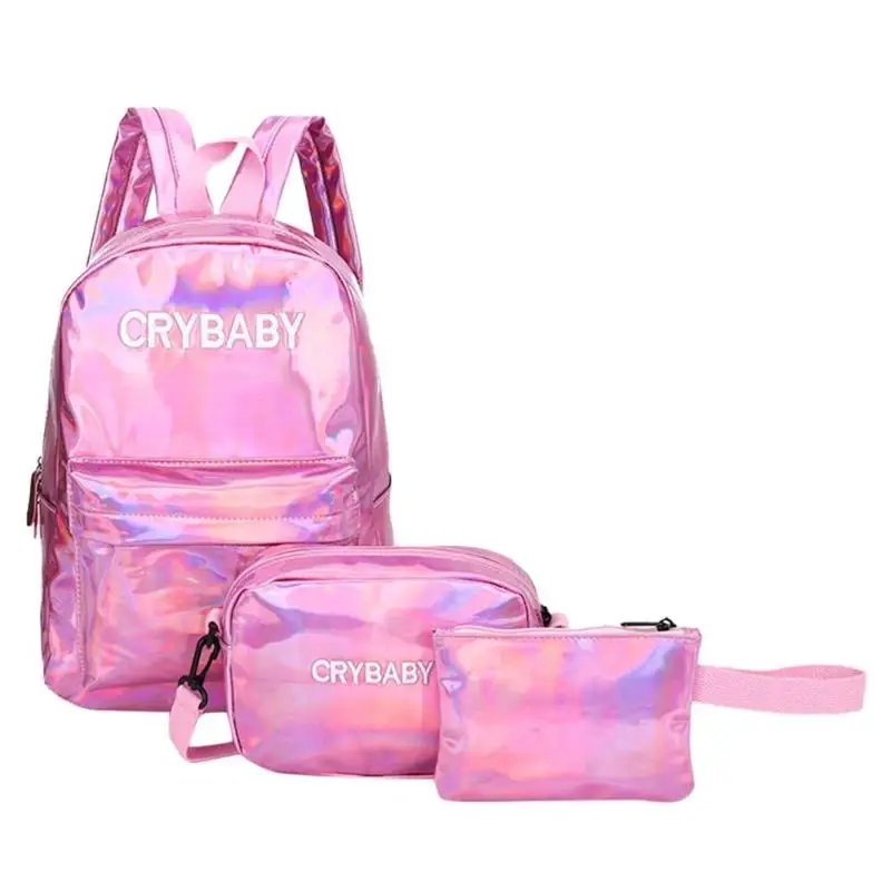 

3pcs/Set Letters Printed Backpack Set Unisex Street Hologram Laser Shoulder Bag PU Leather Backpacks Student Rucksacks 2019 Z60