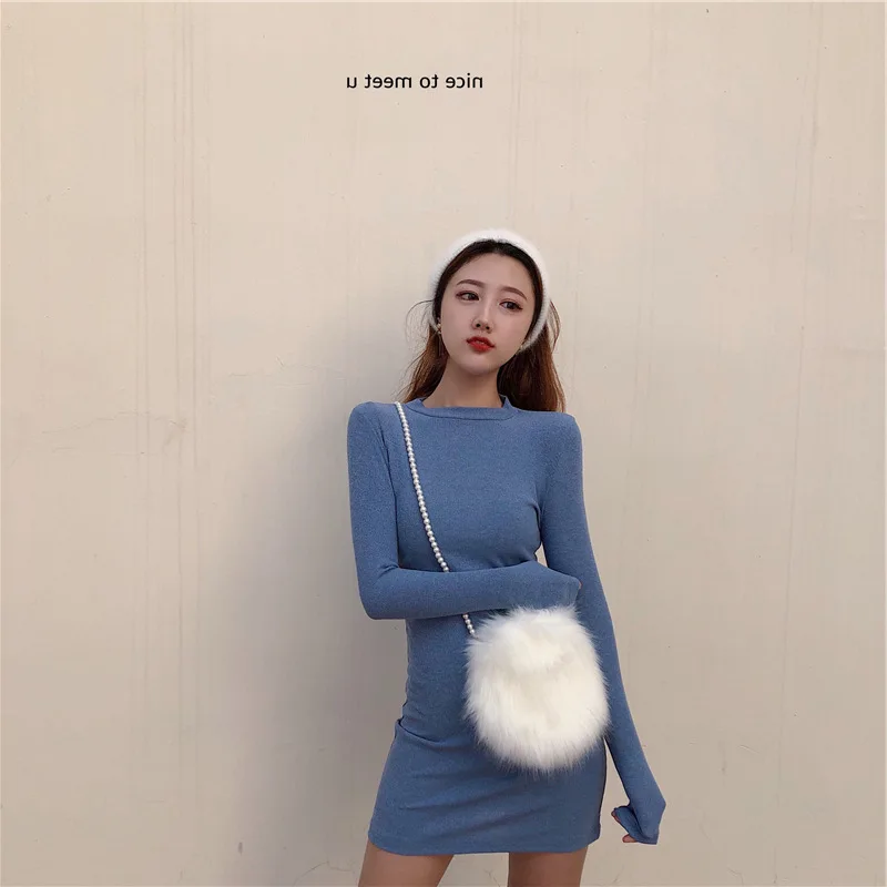 

2019 Sexy Basics Solid Color T-shirt Dress Slim Fit Pullover Long Sleeve Knitting Dress Woman Casual Clothes