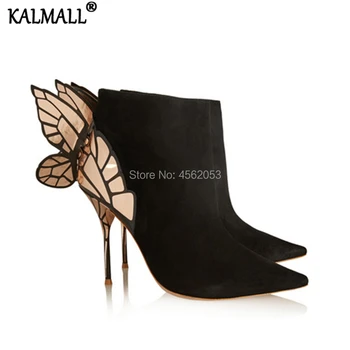 

KALMALL Ladies Shoes Autumn Sexy Pointed Toe High Stiletto Heel Botines Mujer Suede Black Metallic Butterfly Wings Ankle Boots