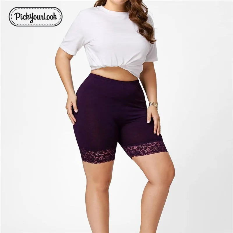 Pickyourlook زائد حجم النساء قصيرة طماق الصلبة الدانتيل الإناث السراويل النساء تحت تنورة الرياضة عادي تمتد السيدات قصيرة الكبس