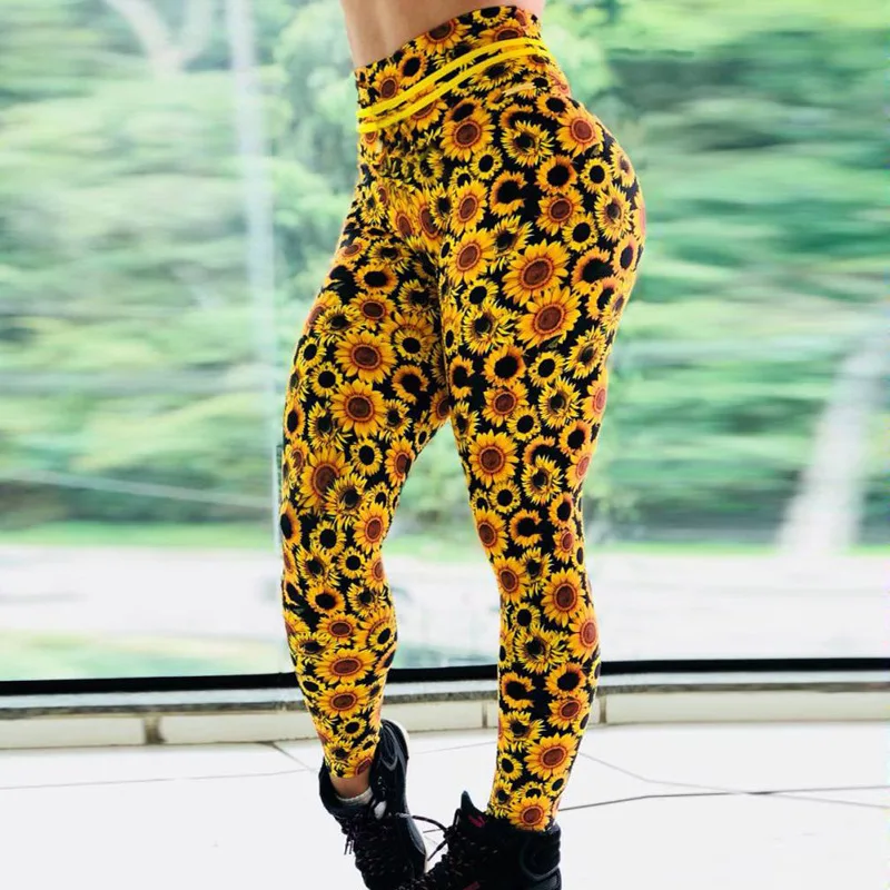

Active Women Yoga Sport Leggings High Waist Sunflower Print Gym Flex Pants Fitness Exercise Jogging Mujer Gymshark Sexy Gymwear