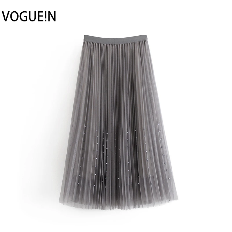 VOGUEIN Новая женская модная эластичная черная/серая плиссированная сетчатая юбка миди с бисером