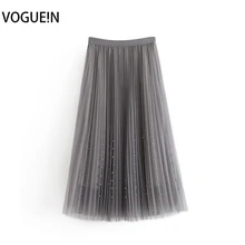 VOGUEIN Новая женская модная эластичная черная/серая плиссированная сетчатая юбка миди с бисером