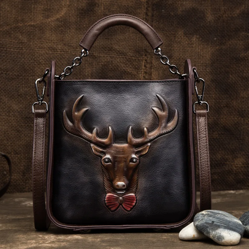 Натуральная кожа для женщин Топ Ручка Crossbody сумка ретро олень узор Винтаж Tote