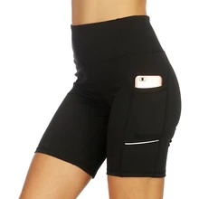 Летние женский, черный спортивные шорты с высокой талией С Карманами Шорты в обтяжку для фитнеса Running Костюмы Женский тренажерный зал шорты для йоги