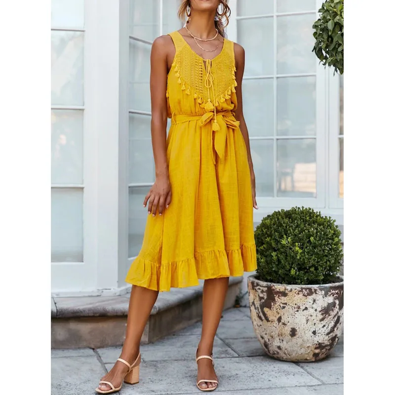 

Sexy summer dress women yellow lace up ribbon dress white boho party beach sundress female elegant vintage midi dress casual