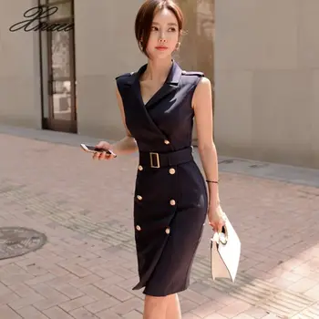 

2020 Women Summer Office Lady Sleeveless Work Wear Slim Double Button Sexy korean fashion style Dress clothes