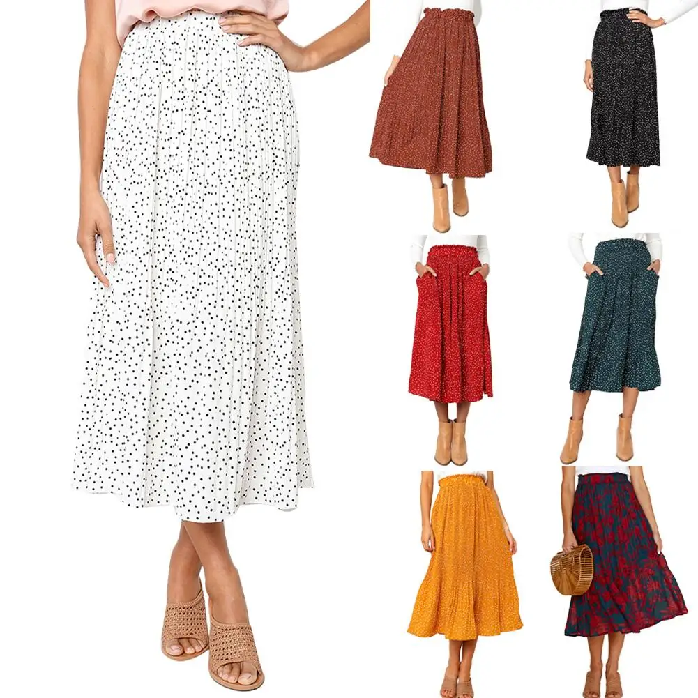 

Fashion Women Polka Dot Flower Print Vintage Skirts For Lady Office High Waist Pleated Casual Maxi Midi Skirt with Pockets