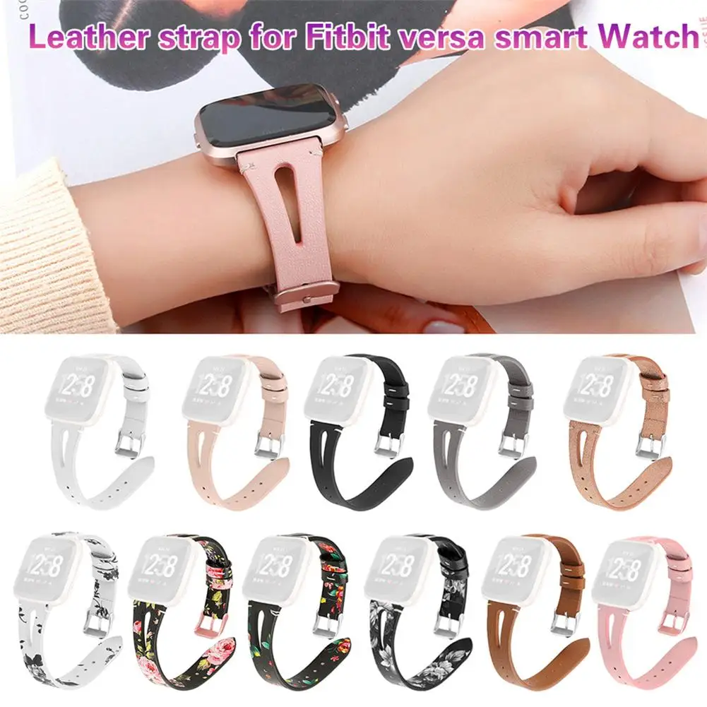 

Leather Watch Strap Middle Open Metal Buckle Print Replacement Watchband Wrist Band For Fitbit Versa Smart Watch