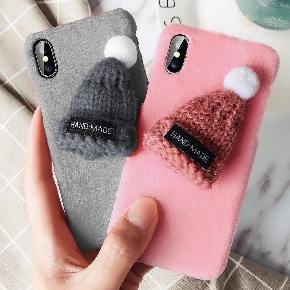 

CASEIER DIY Hairy Hat Phone Case For iPhone X XS MAX XR Winter Warm Cute Cases For iPhone 7 8 Plus 11 Christmas New Year Fundas