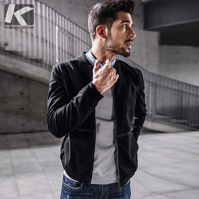 

KUEGOU New Autumn Mens Casual Jackets And Coats Wool Zipper Black Color Brand Clothing For Man's Slim Fit Clothes Male Tops 0762