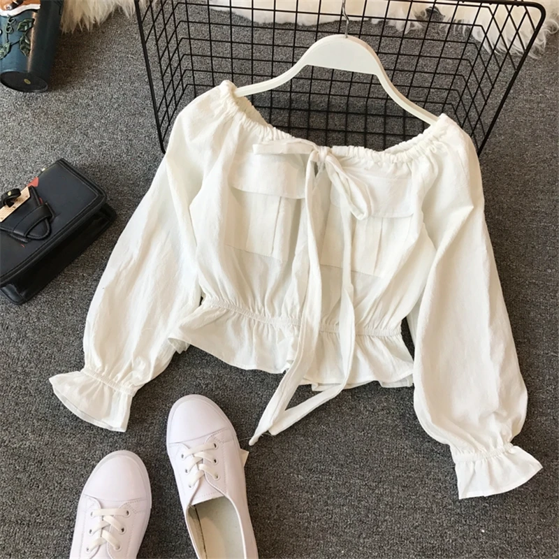 

2019 Korean Women Bow Tops And Blouses Ladies Short Length Slash Neck Shirt Lantern Sleeve Ruffles Solid Oversized Blusas Mujer