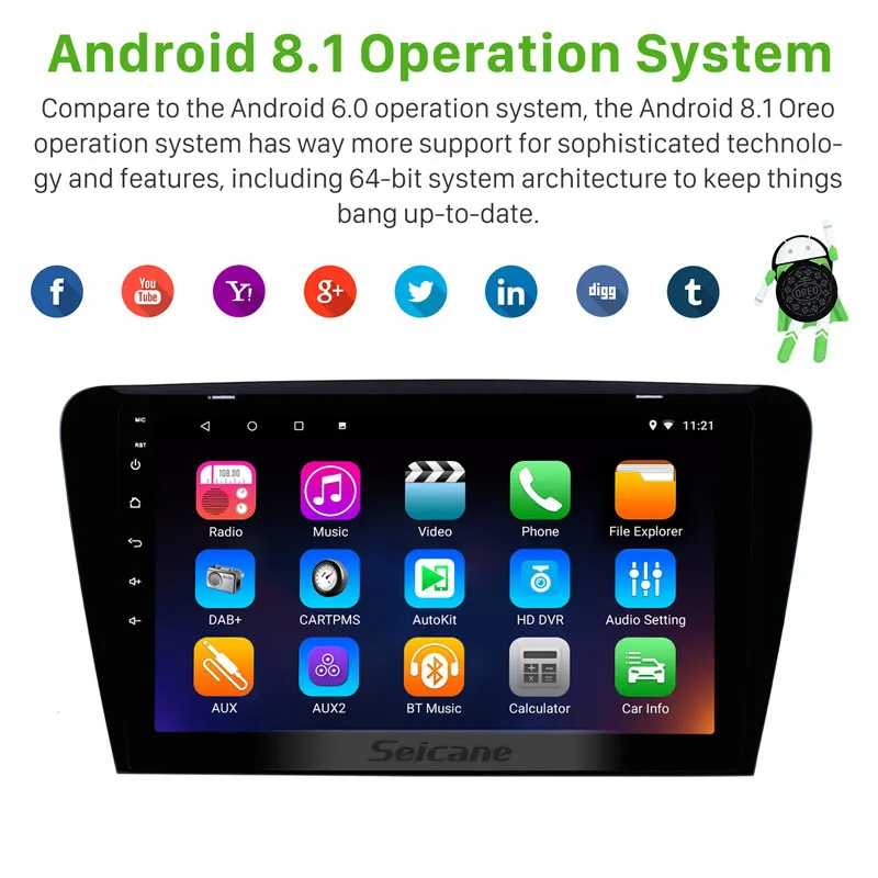 Best Seicane Android 8.1/9.0 10.1 inch HD 1024*600 Car Radio For 2015 2016 2017 SKODA Octavia (UV) GPS Navi Support DVR OBD2 SWC 1