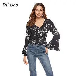 Dilusoo Весна шифоновая рубашка для женщин Sexy V средства ухода за кожей шеи цветочный принт Блузка Полный Flare рукавом Boho
