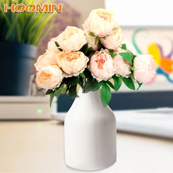 

HOOMIN 1 Bunch European Artificial Peony 5 Big Head Silk Fake Flowers Bouquet DIY White Pink Home Decoration Wedding Party Decor