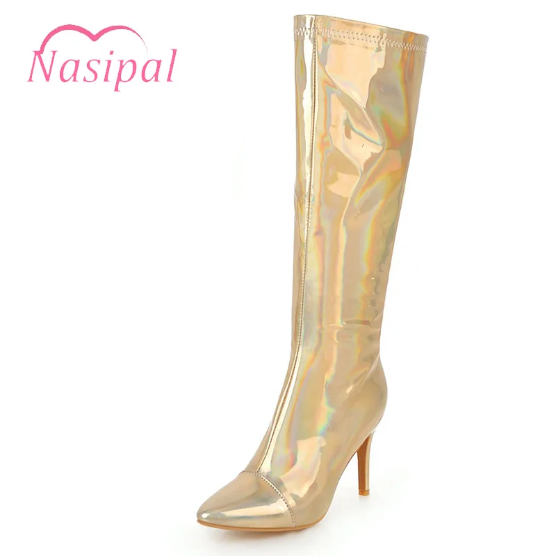 

Nasipal Knight Boots Knee High Women's Shoes Gold Silver Patent Leather Sexy Stiletto Boots Plus Size 47 48 Ladies Botas Mujer