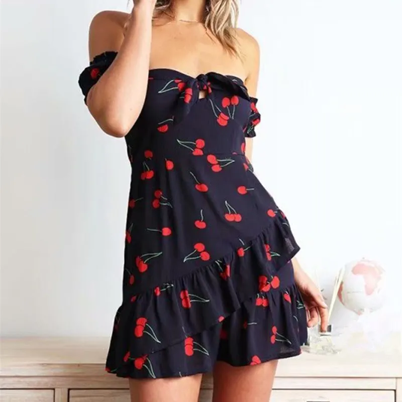Cherry Print Dress Sexy Front Lace 