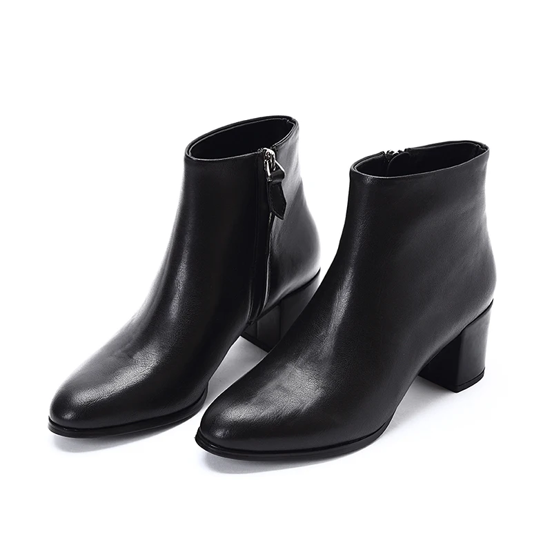 

2018 Hot Black Leather Ankle Boots For Women Pointed Toe Chunky Heel Back Zipper Ladies Booties Winter/Spring Ankle Boots