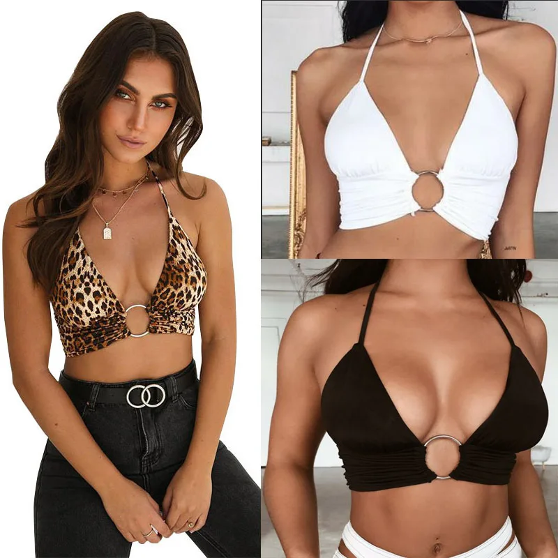 

Women's leopard print sexy hanging neck ring with exposed umbilical leopard straps sleeveless vest 2019