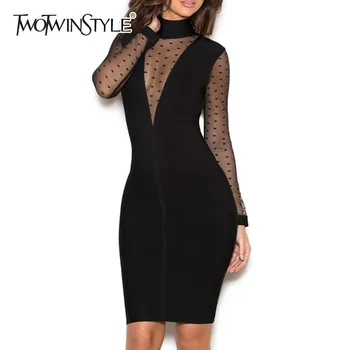 

TWOTWINSTYLE Patchwork Lace Sexy Party Dress Women Long Sleeve Perspective Knee Length Dresses Female Fashion 2020 Autumn New