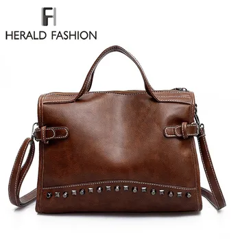 

Herald Fashion Vintage Female Top-handle Bags Rivet Large Women Handbag Quality Leather Shoulder Bag Motorcycle Messenger Bag