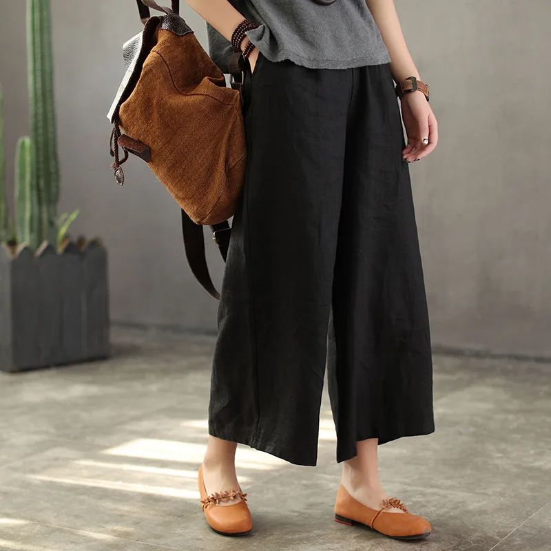 Leisure Time Ankle Length Pants Linen Literature Elastic Waist Flax Female Casual Big Loose Flat Cotton Wide Leg Trousers Leisure Time Ankle Length Pants Linen Literature Elastic Waist Flax Female Casual Big Loose Flat Cotton Wide Leg Trousers