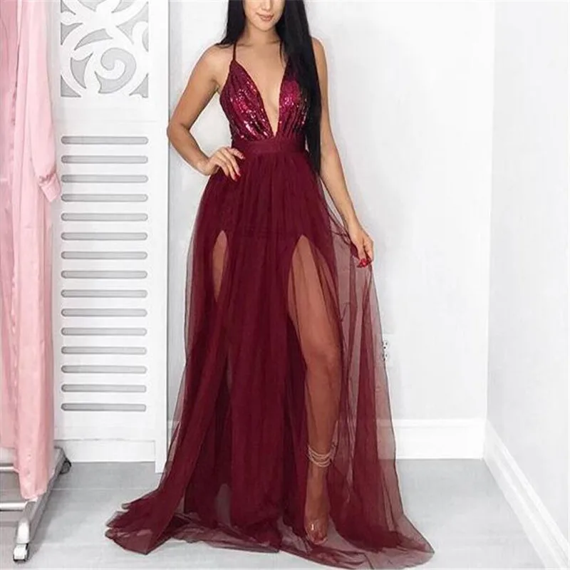 

Women's Sexy Sequined Mesh Voile Deep V Neck High Split High Waist Gown Fairy Long Maxi Evening Party Bandage Backless Dress