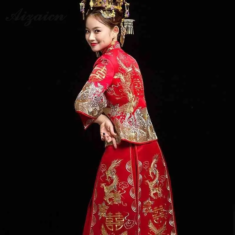 Новое атласное платье красная Невеста китайский традиционный свадебный платья для женщин Восточный стиль вышивка длинный Чонсам современный Qi Pao
