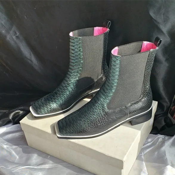 

2018 Autumn Winter Woman Ankle Boots Cow Leather Chelsea Boots Med Heels Square Toes Snakeskin Pattern Green Boots Shoes Woman