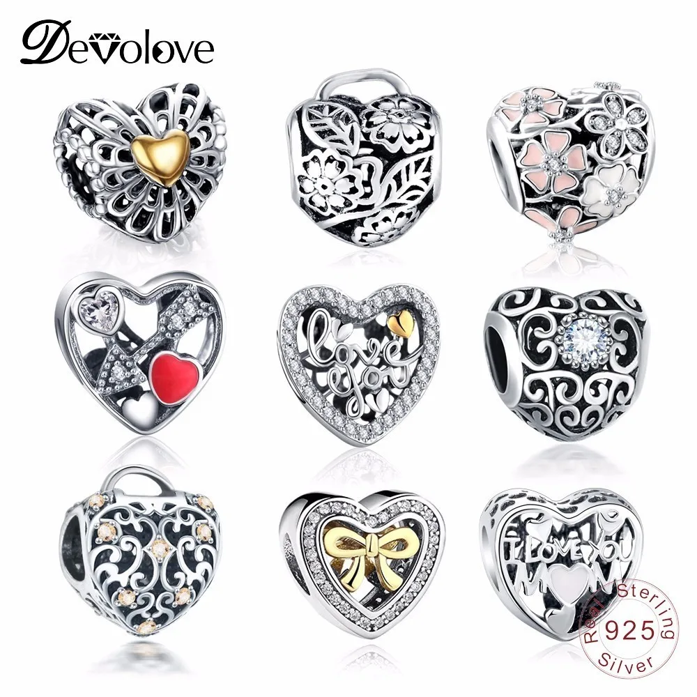 

DEVOLOVE Real 925 Sterling Heart Shape Charms Beads Fit Original Pandora Bracelet Silver DIY Jewelry Accessories Dropshipping