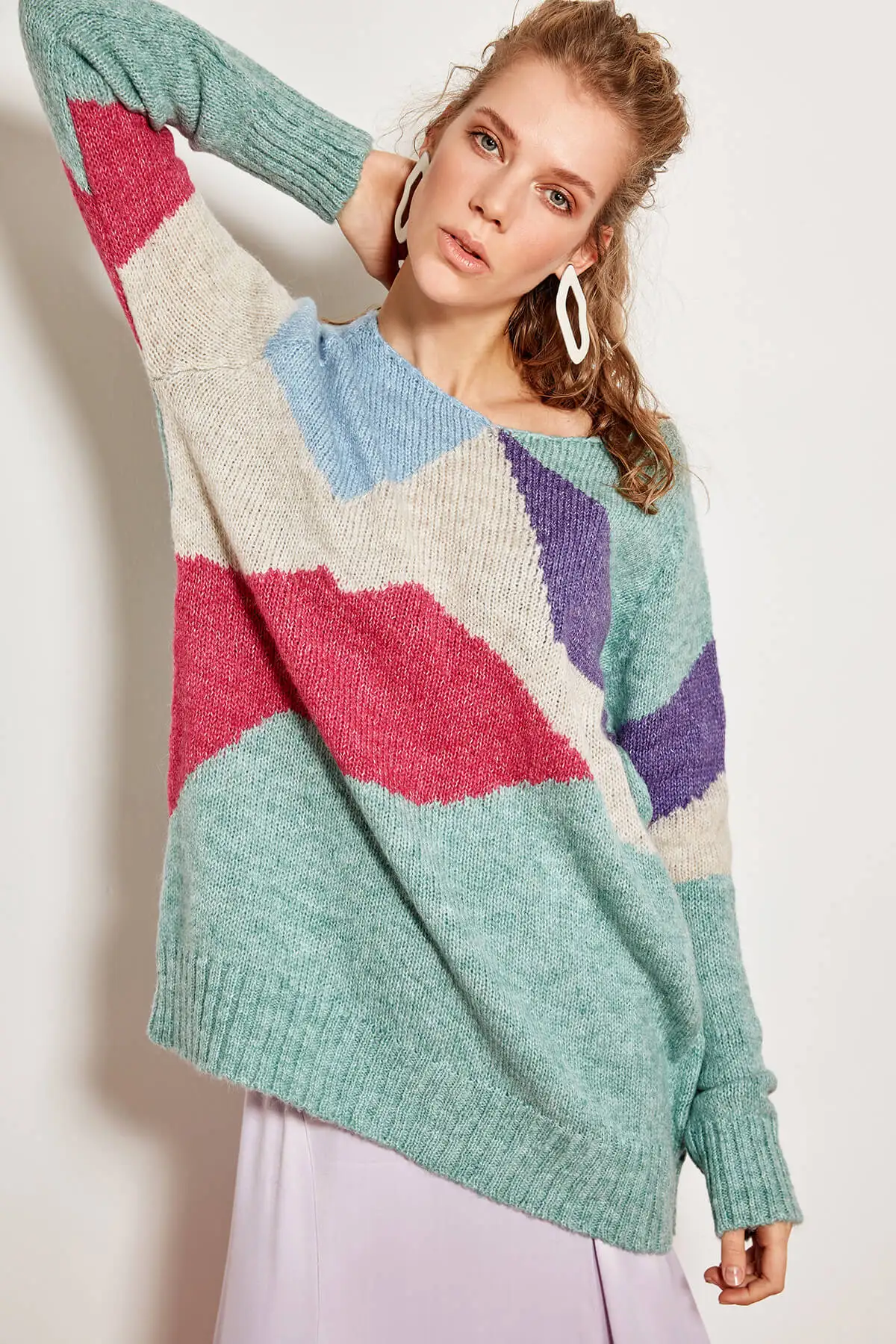 Trendyol Mint Color Block Knitted Sweater TOFAW19NP0042 AliExpress
