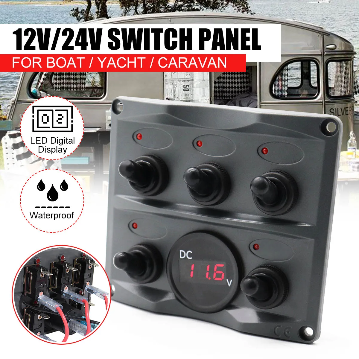 Car Toggle Switch Panel with Fuse Waterproof 5 Gang LED Digital Display