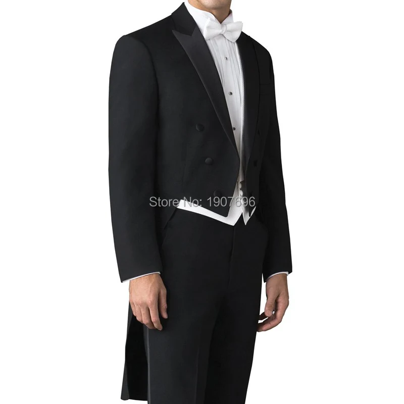 

Tailor Made Wedding Man Tail Coat for Groom Suits Double Breasted 3 Piece Set Black Jacket Pants White Vest for Prom Party Stage