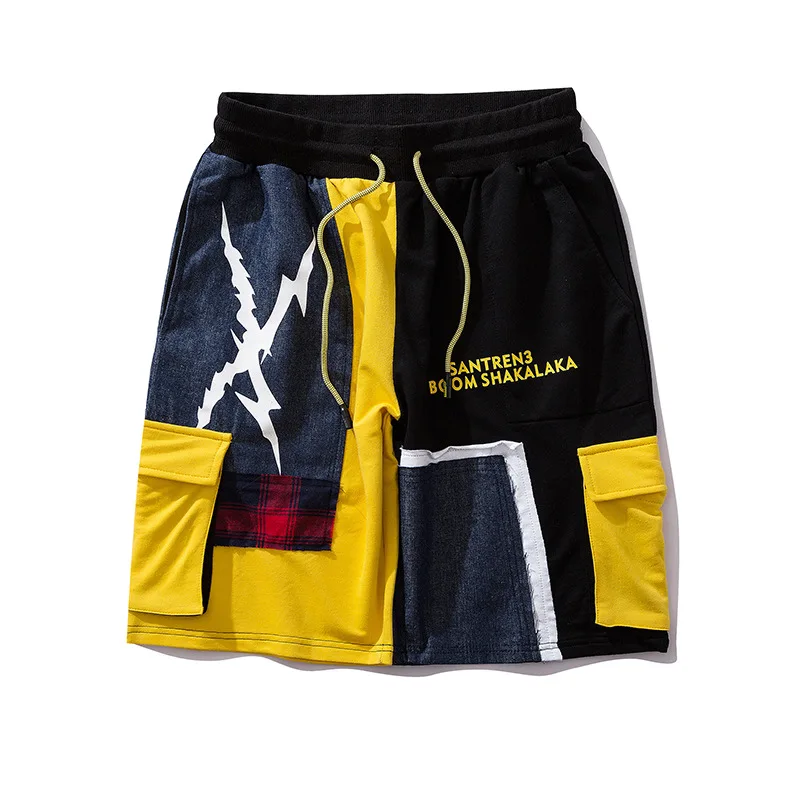 

Hip Hop Cargo Short lightning Pocket Color Block Patchwork Men Harajuku Joggers Short Streetwear Summer Sweat Shorts M-2XL