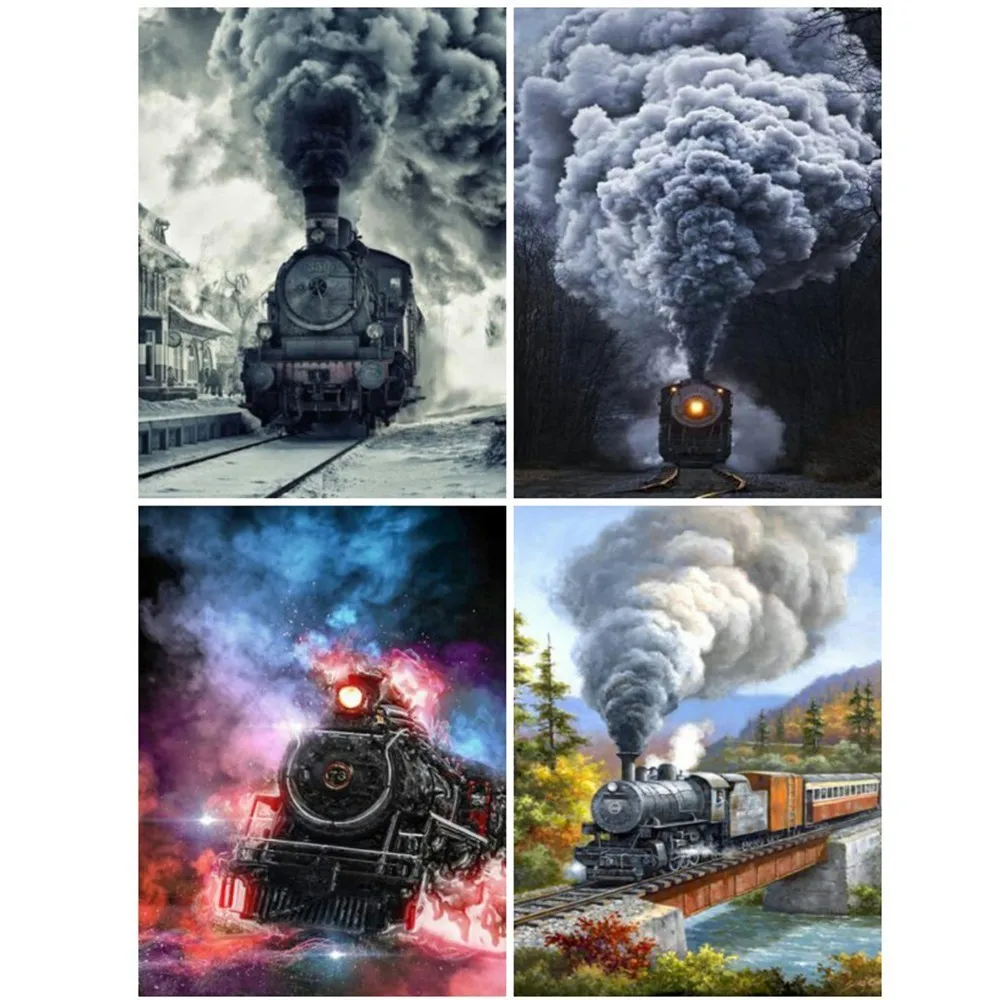

HUACAN Full Square 5D DIY Diamond Embroidery Smoke Train Diamond Painting Landscape Full Square Mosaic Rhinestone Home Decor