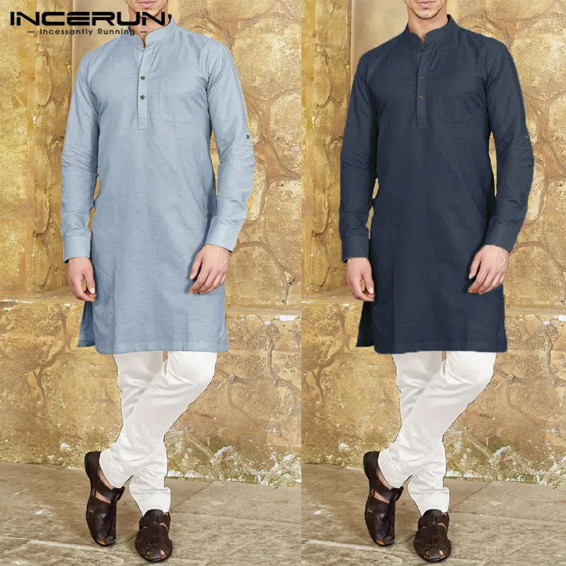 

INCERUN Nepal Men Shirts Dress Long Sleeve T shirts Solid Color Indian Kurta Suit Kaftan Dress Shirts Camisas Muslim Clothing