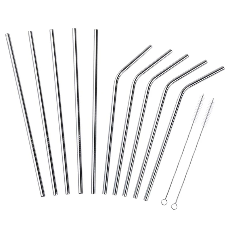 Stainless Steel Straws 12 PCS Set 5 Straight And Shrinked With 2 Cleaning Brushes 21.5cmsilver | Дом и сад