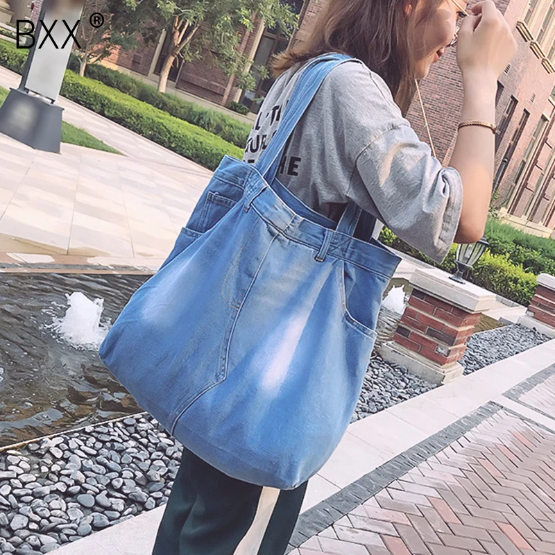 

[BXX] 2019 Spring Summer Woman New Personality Light Blue Double Handles Large Capacity Denim Shoulder Bag All Match LM135