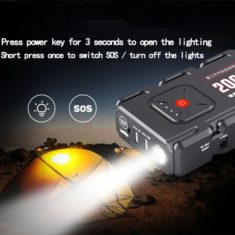 2000A Peak Car Jump Starter Pack Portable LED Flashlight Power Bank Car Boat Auto Cars Battery Supply Phone Power Clamps For 12V 2000A Peak Car Jump Starter Pack Portable LED Flashlight Power Bank Car Boat Auto Cars Battery Supply Phone Power Clamps For 12V