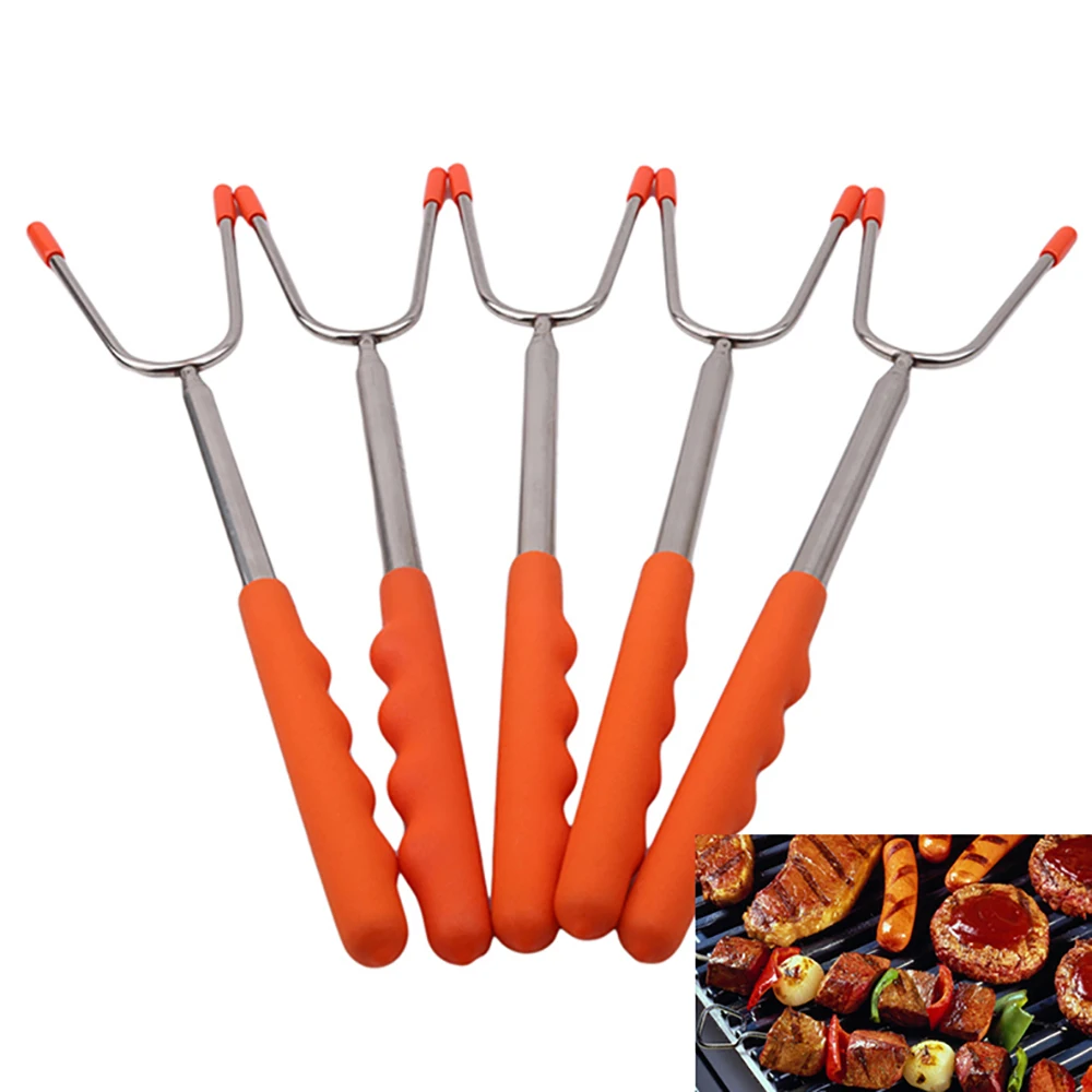 BBQ 5 Stick Telescopic Stainless Steel Barbecue Fork With orange Wooden