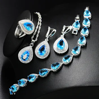 

2019 New Sea-blue Zircon Silver 925 Costume Jewelry Sets Bracelets Necklace&Pendant Rings Drop Earrings With Stones Sets