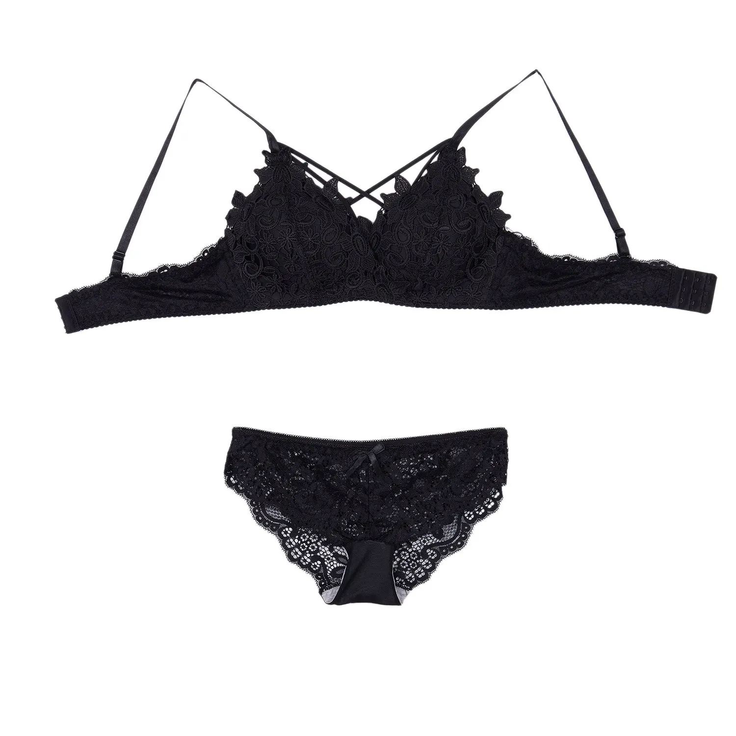 

Floral Wireless Bra Lace Lightly Lined Triple-cornered Bra Set Underwear Women Lingerie Deep Plunge V Neck