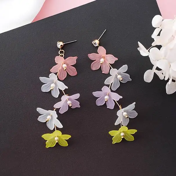 

Rinhoo 2018 New Korean Colorful Sweety Flower Long Earrings For Women Accessories Simulated Pearl Earings Fashion Jewelry