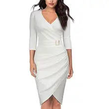 Women V Neck Three Quarter Sleeve Sheath Crossed Hem Bodycon Office Party Mini Dress Women V Neck Three Quarter Sleeve Sheath Crossed Hem Bodycon Office Party Mini Dress