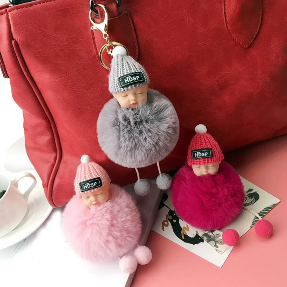 New Cute Sleeping Baby Doll Keychain Pompom Rabbit Fur Ball Key Chain Car Keyring Women Holder Bag Pendant Charm Accessory | Дом и сад