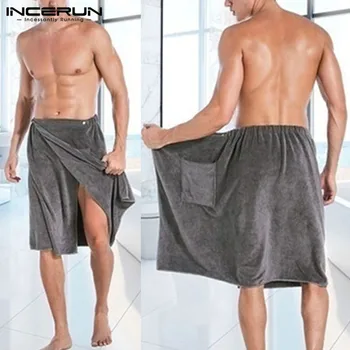 

INCERUN Men Bathrobe Homewear Soft Solid Comfortable Men Bath Skirt Robes Comfy Sleepwear Pockets Towel Male Bathrobes 2020