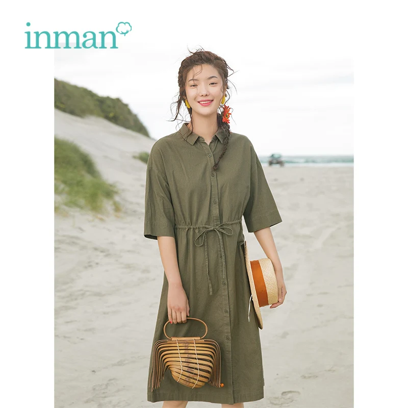 

INMAN 2019 Summer New Arrival Turn Down Collar Literary Retro Hongkong All Matched Defined Waist Slim Half Sleeve Women Dress
