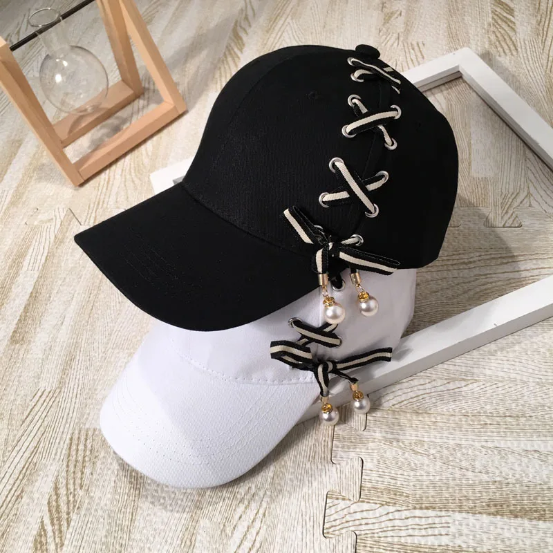 

Fashion Shoelace Cross Bandage Baseball Cap Harajuku Hat Fashion Autumn Hip-Hop Snapback Hats Pearl Decorate